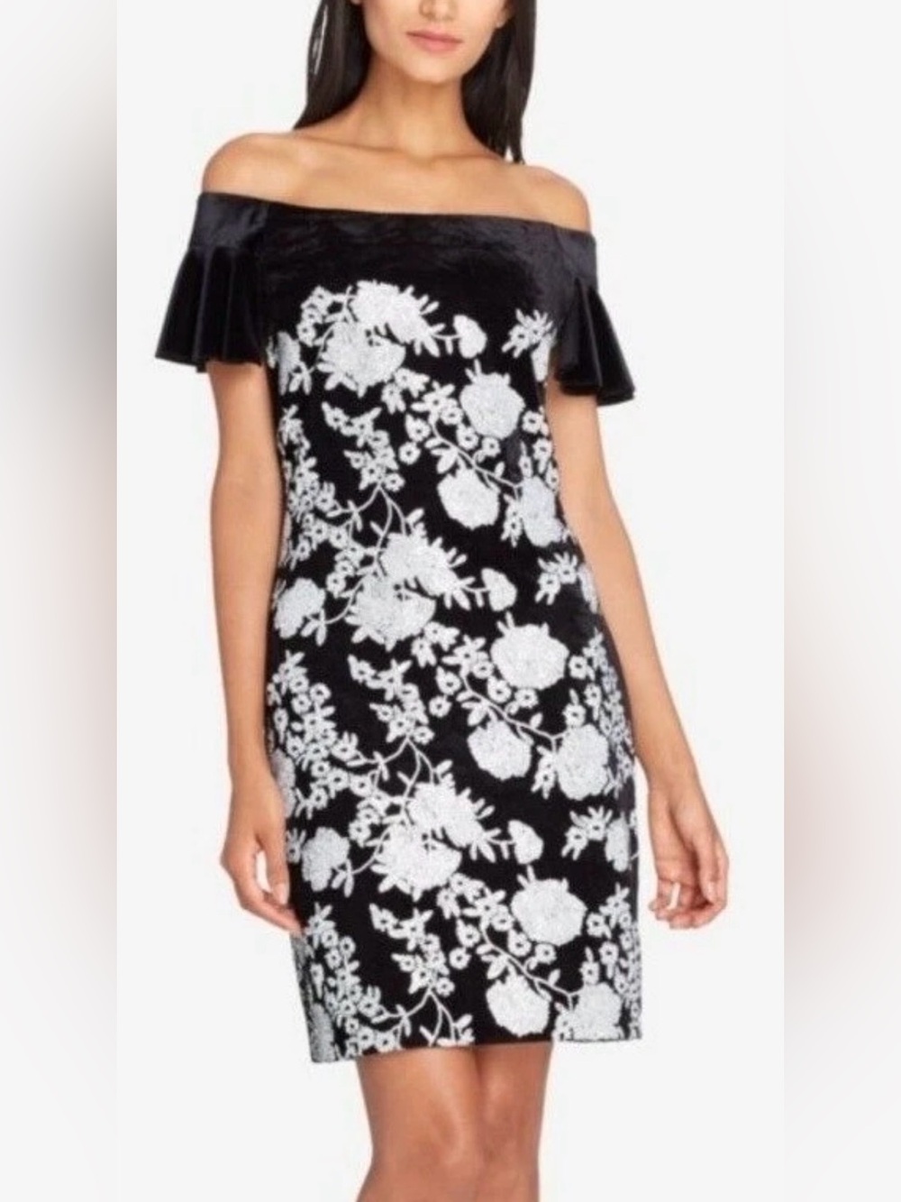 Tahari ASL Black & White Floral Sequin Dress